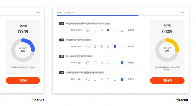 PnA 검사의 각 문항에는 시간제한이 적용돼 고민할 여유가 없다. 내 답안에 따라 화면 우측에 즉각적으로 나의 응답신뢰도와 관련해 피드백이 뜬다. 신뢰도가 높으면 좌측 이미지 처럼 시간 제한 표시 동그라미 안에 신뢰도 '높음'이 뜨고, 신뢰도가 낮으면 우측 이미지 처럼 '주의' 문구가 뜬다. 이미지=인크루트