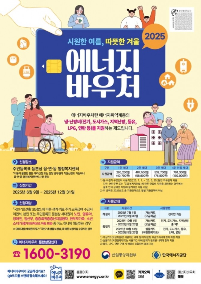 한국에너지공단은 12월 31일까지 전국 읍·면·동 행정복지센터와 복지로 홈페이지를 통해 2025년도 에너지바우처 신청·접수를 시작한다. 이미지=에너지공단