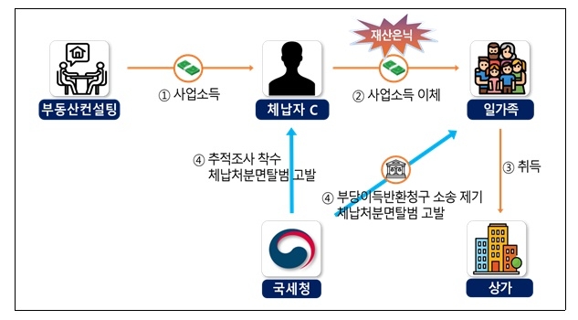 가족에게 사업소득을 부모와 자녀, 누가 등 가족 명의 계좌로 빼돌려 상가 10채를 명의신탁한 체납자. 사진=국세청