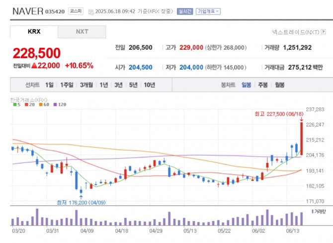 네이버 주가 추이. 자료=네이버페이 증권