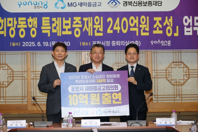 19일 포항시와 MG새마을금고 포항시협의회가 ‘소상공인 희망동행 특례보증재원’ 조성을 위한 업무협약을 체결하고 있다. 왼쪽부터 권대명 MG새마을금고포항시협의회장, 장상길 포항시부시장, 고재준 경북신용보증재단 기업지원본부장. 사진=포항시.