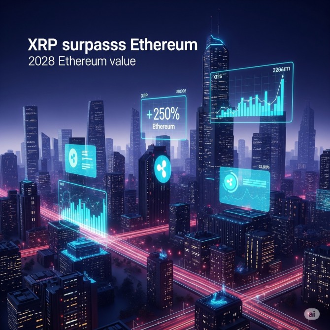 리플 랩스(Ripple Labs)가 개발한 암호화폐 XRP 가격이 급등해 시가총액기준 2028년 이더리움을 뛰어넘을지 관심이 뜨겁다. 그래픽=구글 AI 제미나이 생성