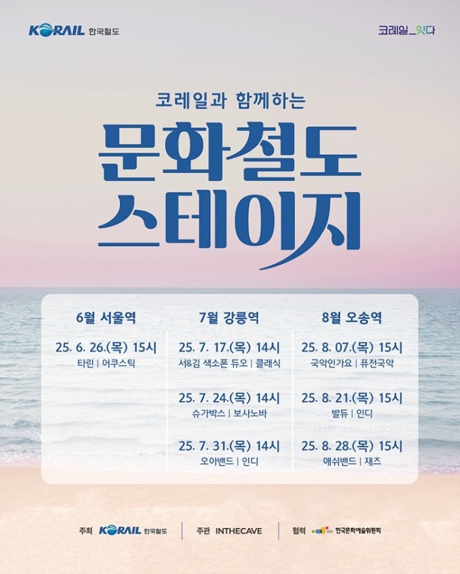 한국철도공사(코레일)가 8월까지 서울·강릉·오송역에서 청년 아티스트와 함께하는 ‘문화철도 스테이지’ 음악회를 개최한다. 이미지=코레일