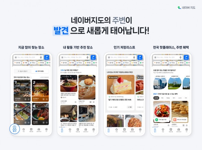 '지금 인기 장소', '전국 핫플' 등 주제별 추천은 물론 사용자 활동 이력과 관심사를 분석해 저장리스트와 주변 혜택을 제안하는 네이버지도 '발견' 탭 화면. 이미지=네이버지도