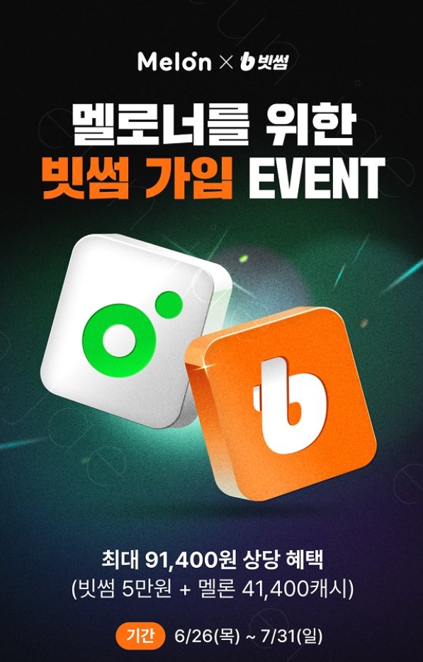 빗썸이 국내 음원 스트리밍 서비스 멜론과 제휴하고 빗썸 신규 가입 회원에게 멜론 6개월 이용이 가능한 멜론 41400 캐시를 제공한다. 이미지=빗썸