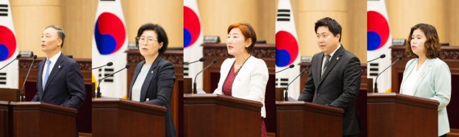 지난 27일 안산시의회가 제297회 제1차 정례회 제2차 본회의를 열고 시정질문과 5분 자유발언을 실시했다. 사진 왼쪽부터 한명훈 박은경 의원, 5분 자유발언을 진행한 현옥순 최찬규 박은정 의원의. 사진=안산시의회