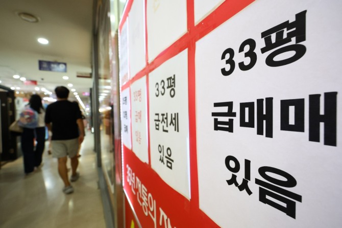 지난달 28일 전격 시행된 정부의  6·27 대책 시행 이후 첫 평일을 맞은 30일 오후 서울 시내 한 부동산에 급매물 광고가 게시돼 있다. 정부가 6·27 대책을 통해 수도권 주택담보대출(주담대) 한도를 6억 원으로 낮추면서 주담대를 활용한 갈아타기 수요가 많았던 '한강벨트'는 다른 지역에 선매수를 해 집을 처분해야 하는 매도인들이 호가보다 낮게 조정해 급매를 내놓는 등 빠르게 관망세로 돌아서는 모습을 보이고 있다. 사진=뉴시스