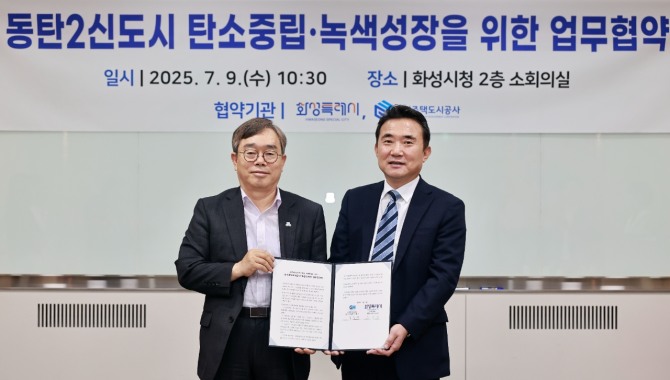 9일 이종선 GH 사장 직무대행(오른쪽)과 조승문 화성특례시 부시장이 동탄2신도시 탄소중립 추진을 위한 업무협약을 체결한 뒤 기념촬영을 하고 있다. 사진=GH 