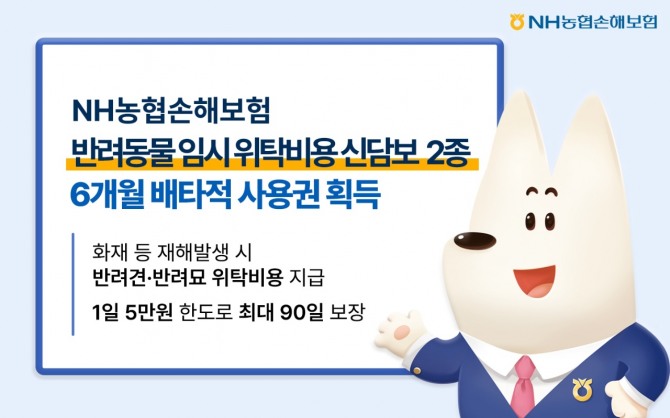 NH농협손해보험은 지난달 2일 출시한 반려동물 임시 위탁비용 신담보 2종에 대해 6개월간 배타적 사용권을 획득했다. 사진=NH농협손보 제공.