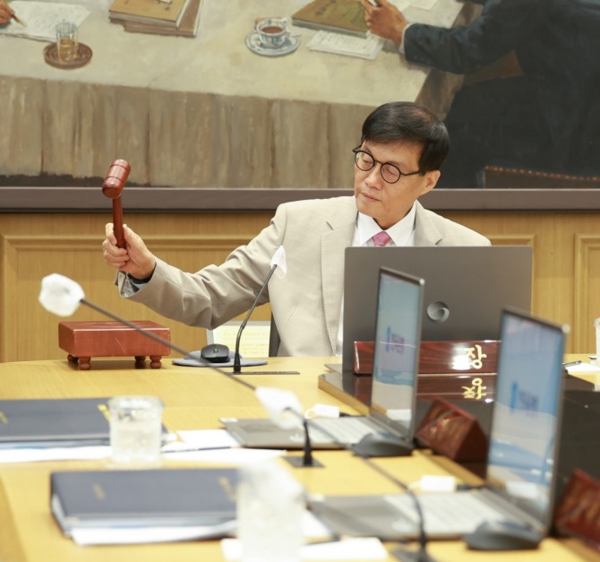 이창용 한국은행 총재가 10일 서울 중구 한은 본관에서 열린 금융통화위원회 통화정책방향 결정회의에서 의사봉을 두드리고 있다. 사진=한은 
