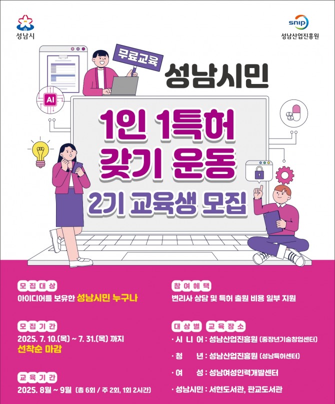 성남산업진흥원 1인 1특허 갖기 운동 2기 교육생 모집 포스터. 자료=성남산업진흥원