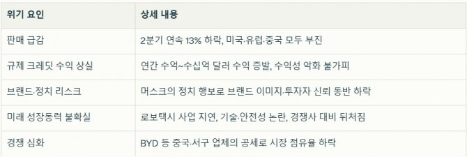 테슬라의 위기 요인과 상세 내용. 자료=글로벌이코노믹