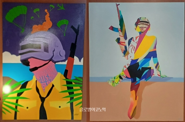 배틀그라운드를 상징하는 '삼뚝(3단계 헬멧)' 테마 팝아트들. 사진=이원용 기자