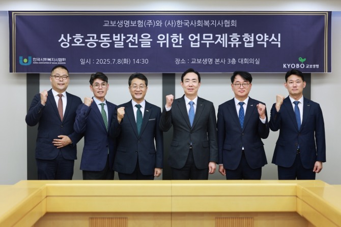 지난 8일 서울 광화문 교보생명 본사 3층 대회의실에서 열린 교보생명과 한국사회복지사협회의 상호공동발전을 위한 업무제휴 협약식에서 조대규 교보생명 대표이사 사장(가운데 오른쪽), 박일규 한국사회복지사협회장(가운데 왼쪽)을 비롯한 관계자들이 협약식 이후 기념촬영을 하고 있다. 사진=교보생명