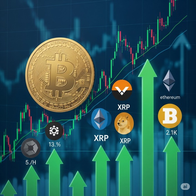 비트코인이 12만 3,000 달러를 돌파하는 가운데, 이더, XRP, 도지코인 등 알트코인도 동반 강세를 보이고 있다. 사진=구글 AI 제미나이 생성