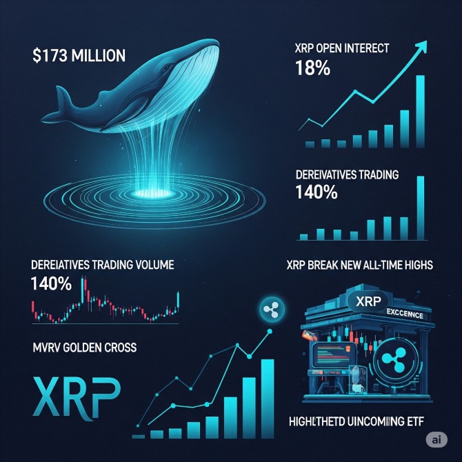 파생상품 거래량이 140% 급증하면서 XRP 미결제약정이 18% 이상 치솟았고, MVRV 골든 크로스가 주요 XRP 가격 돌파를 예고했다. 그래픽=구글 AI 제미나이 생성