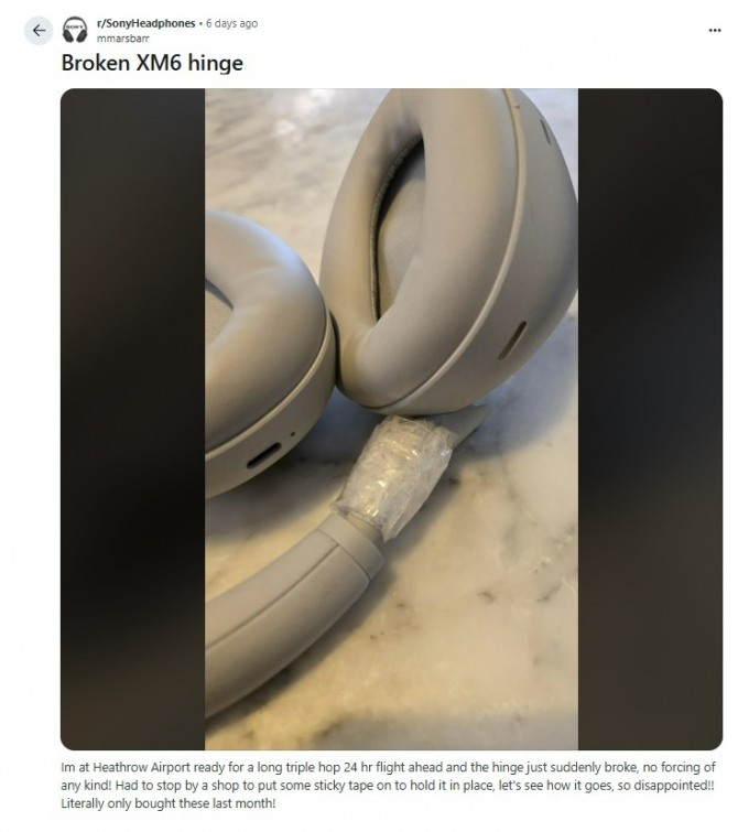 해외 커뮤니티 레딧에 올라온 'WH-1000XM6' 헤드폰 파손 이미지. 전작에서도 같은 부분에서 파손이 있따랐던 만큼, 설계불량이 아니냐는 지적이 나오고 있다. 사진=레딧 화면 캡처