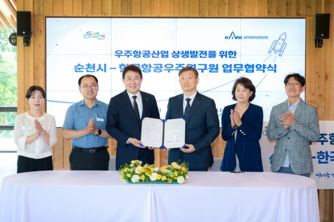 지난 23일 순천만국가정원 워케이션센터에서 한국항공우주연구원과 우주항공산업의 공동협력 및 양 기관의 상생발전을 위한 업무협약식ㅇ 열리고ㅠ 있다.  사진=전남 순천시