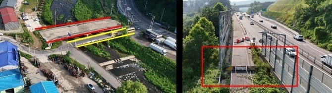 국지도 57호선 진입도로 개설 예정이었으나 중단돼 출입로가 막혀있다(오른쪽부터).빨간선 개설 예정이었던 아파트 진입 신설 교량, 노란선 기존 동림교를 통해 차량이 통행하고 있다.  사진=이지은 기자
