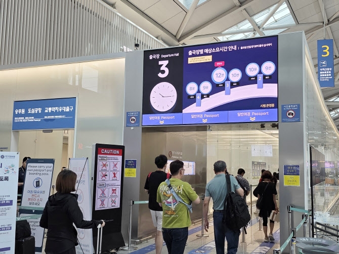 인천공항 제1여객터미널 3층 3번 출국장에 실시간 예상소요시간 안내가 표출된 LED 전광판 모습. 사진=인천국제공항공사