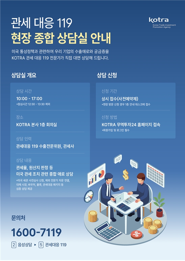 코트라는 미국 관세 조치로 수출에 애로를 겪는 중소중견기업을 지원하기 위해 8월 1일부터 ‘관세대응 119 현장 종합 상담실’을 운영한다. 이미지=코트라