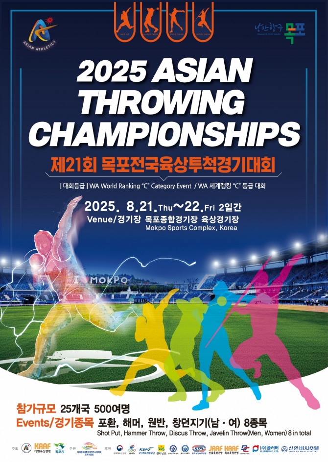 목포시는 아시아 정상급 투척 선수들이 한자리에 모이는 ‘2025 아시아투척선수권대회’가 오는 8월 21일(목)부터 22일(금)까지 이틀간 목포종합경기장에서 개최된다고 밝혔다. / 전남 목포시=제공