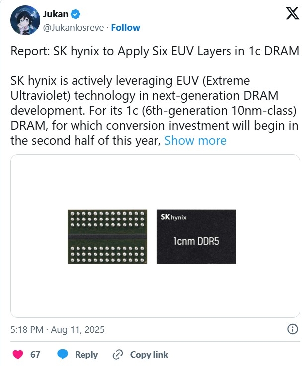 SK하이닉스는 1c D램에 업계 최초로 6단계 극자외선(EUV) 공정을 적용하고, 2026년 차세대 '하이-NA EUV' 장비까지 선제적으로 도입해 HBM 등 AI 메모리 시장의 기술 주도권을 확고히 한다는 계획이다. 사진=X