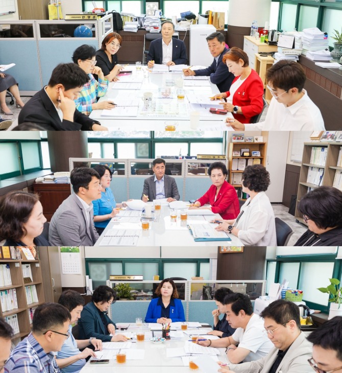 안산시의회 3개 상임위원회가 지난 12일 각 상임위원장실에서 안산시 집행부와 간담회를 개최했다. 사진 위부터 차례대로 기획행정위원회와 문화복지위원회, 도시환경위원회가 간담회를 진행하고 있는 모습. 사진=안산시의회