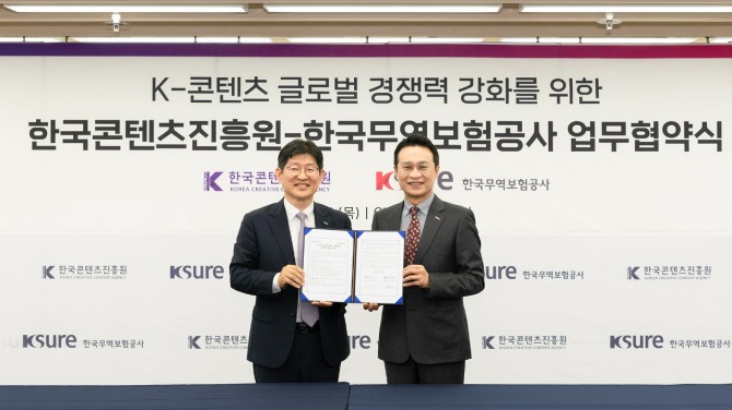 장진욱 한국무역보험공사 부사장(사진 왼쪽)과 유현석 한국콘텐츠진흥원 원장 직무대행(사진 오른쪽)이 14일 서울 중구 한국콘텐츠진흥원 CKL기업지원센터에서 'K-콘텐츠 글로벌 경쟁력 강화를 위한 업무협약'을 체결하고 기념촬영을 하고 있다.