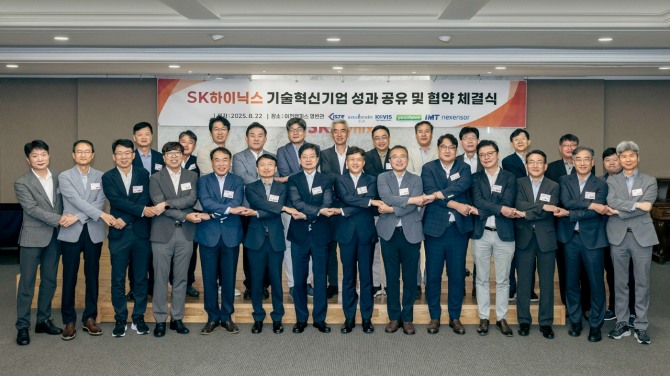 SK하이닉스 곽노정 CEO(아랫줄 왼쪽에서 8번째)와 경영진, 협력사 임직원들이 22일 이천 본사에서 기술혁신기업 8기 협약식 및 7기 성과 공유회 기념 사진을 촬영하고 있다. 사진=SK하이닉스