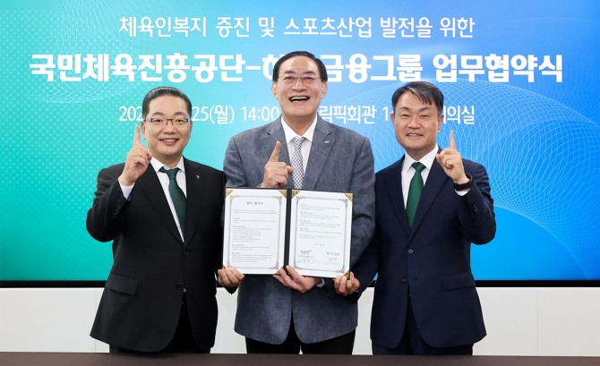 하나금융그룹은 25일 오후 서울 올림픽회관에서 국민체육진흥공단과 체육인 복지 증진 및 스포츠산업 발전을 위한 업무협약을 체결했다.이날 협약식에 참석한 국민체육진흥공단 하형주 이사장(사진 왼쪽 두번째), 하나은행 이호성 은행장(사진 왼쪽 첫번째), 하나카드 성영수 대표이사(사진 왼쪽 세번째)가 업무 협약식을 마치고 기념촬영을 하고 있다. 사진=하나금융그룹