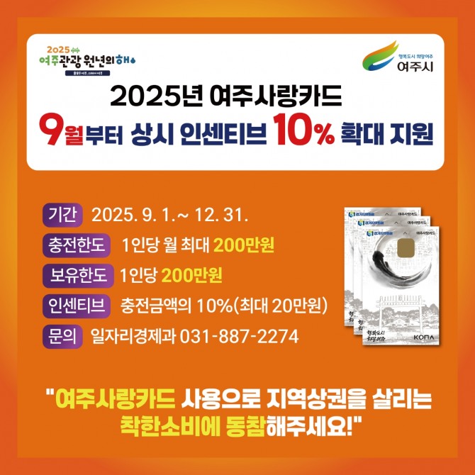 여주사랑카드 상시 인센티브 10% 확대 지원 포스터. 사진=여주시