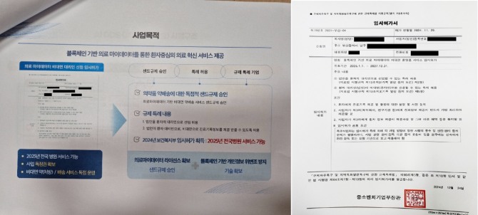 브랜드리팩터링의 비대면 처방이나 약품 배송을 할 수 있다는 근거로 보여준 (왼쪽부터)임시허가서와 사업목적서와 언급한 기업이 자사 홈페이지에 올린 임시허가서로 브랜드리팩터링 측은 보건복지부가 발부한 임시허가서라고 했지만 실제로는 중소벤처기업부에서 발부한 것으로 확인됐다. 사진=글로벌이코노믹 이재현 기자