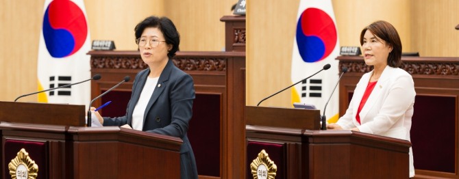 10일 안산시의회가 제298회 임시회 제2차 본회의를 개최해 시정질문과 5분 자유발언을 실시했다. 사진 왼쪽이 이날 시정질문을 실시한 박은경 의원, 오른쪽은 5분 자유발언을 진행한 김유숙 의원의 모습. 사진=안산시의호ㅣ