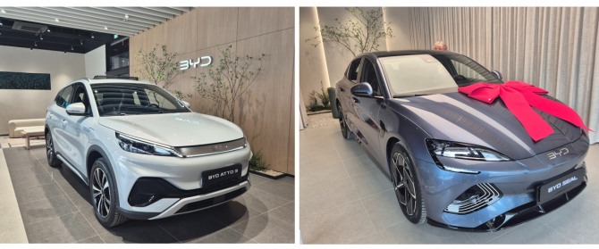 (사진좌측) BYD ATTO 3 (우측) BYD SEAL 전시 차량. 사진=삼천리EV