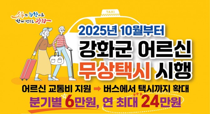 강화군은 오는 10월부터 민선 8기 핵심 공약인 ‘어르신 무상택시 사업’을 본격적으로 추진한다고 11일 밝혔다.  사진=강화군