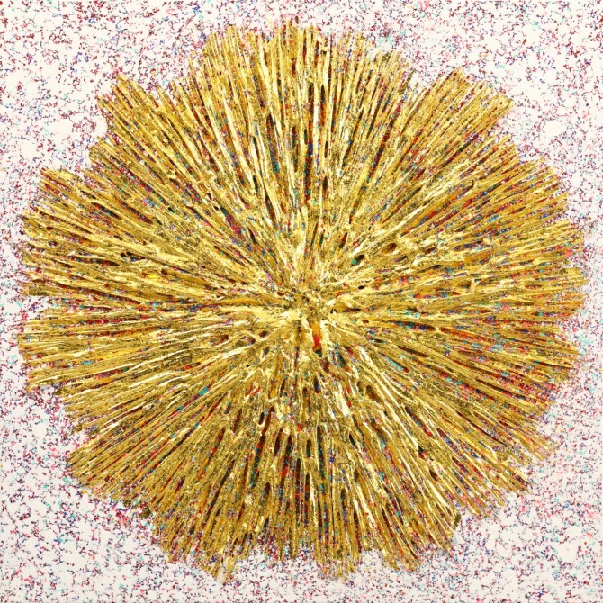 Flow of light, Mixed media & 24K Pure gold leaf, 45.5x45.5cm, 2025