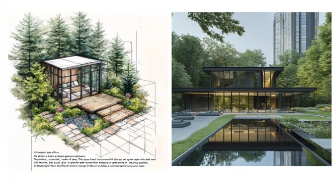 대우건설은 푸르지오 아파트에 클로드(Claude)와 챗GPT 등 생성형 AI가 기획한 조경 설계를 도입한다고 24일 밝혔다. 생성형 AI가 작업한 탑석 푸르지오 파크7의 힐링 라운지. 사진=대우건설