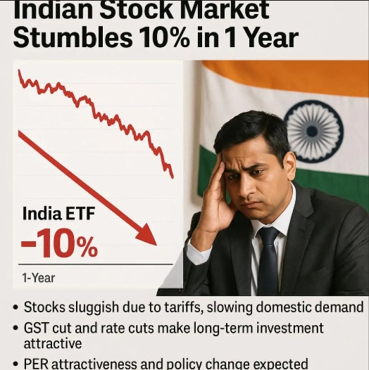 인도 대표 상장지수펀드(ETF)가 지난 1년 동안 10% 떨어져 신흥국 평균 상승률(약 20%)을 크게 밑돌지만, 정부와 중앙은행의 정책 전환, 매력적인 주가수익비율(PER)로 중장기 반등 가능성이 여전하다는 분석이 나온다. 이미지=GPT4o