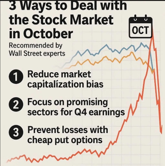 10월은 변동성이 커 주가 급락 위험이 높은 시기로 꼽힌다. 이를 극복하려면 시가총액 편중형 펀드에서 벗어나기, 4분기 실적 기대 섹터 담기, 싸진 풋옵션으로 하방 리스크 막기 등의 전략이 필요하다는 월가의 조언이다. 이미지=GPT4o