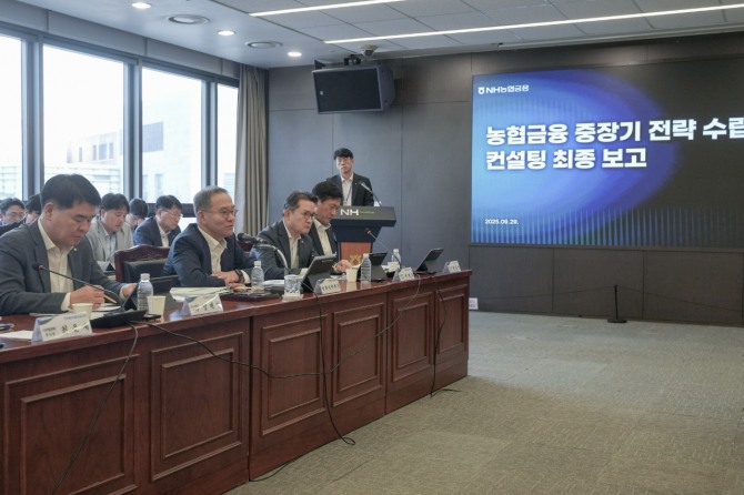 NH농협금융은 지난 29일, 개최된「농협금융 중장기 전략 수립」컨설팅 최종 보고회에서 이찬우 NH농협금융지주 회장이 생산적금융의 중요성을 강조하고 있다. 사진=NH농협금융