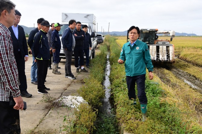 지난 12일 박용철 군수가 화도면과 교동면 벼 수확 현장에서 농민들과 대화하고 있다.  사진=강화군