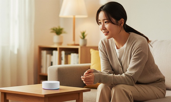 고객이 일상 언어로 대화하면 맥락과 공간을 이해해 연동된 가전과 IoT 기기를 제어하고 서비스까지 연결하는 'LG 씽큐 온'을 체험하는 모습. 사진=LG전자