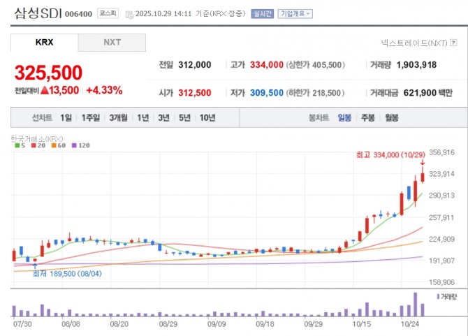 삼성SDI 주가 추이. 자료=네이버페이 증권