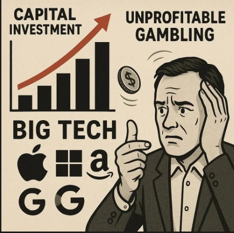 빅테크 기업들이 인공지능(AI) 인프라에 천문학 자금을 쏟아붓고 있지만, 투자자들은 투자 수익이 불확실하다는 우려를 키우고 있다는 분석이 나왔다. 이미지=GPT4o 