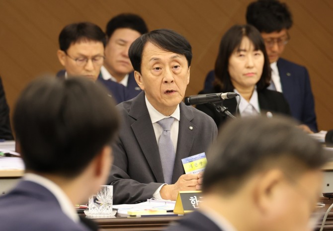 지난달 23일 부산 남구 부산국제금융센터(BIFC)에서 열린 국회 정무위의 금융 공공기관에 대한 국정감사에서 한국주택금융공사 김경환 사장이 의원 질의에 답하고 있다. 사진=연합