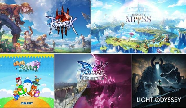 왼쪽 위부터 시계 방향으로 '라그나로크 3', '라그나로크 어비스', '라이트 오디세이', '라그나로크 온라인 프로젝트 1.5(가칭)', '하시레 헤베레케 EX'. 사진=그라비티