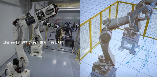 NVIDIA 옴니버스 기술을 활용해 가상현실 속에서 실제 공장 설비와 연동한 디지털 트윈 시뮬레이션을 진행하고 있다. 사진=현대차