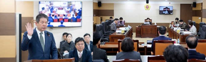 최계운 인천연구원 후보자의 인천시의회 청문회 선서 모습과 위원들 질의 전경. 사진=인천시의회