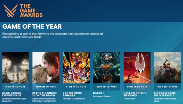 더 게임 어워드 2025 올해의 게임(GOTY) 후보 6종의 이미지. 사진=더 게임 어워드 공식 사이트 캡처